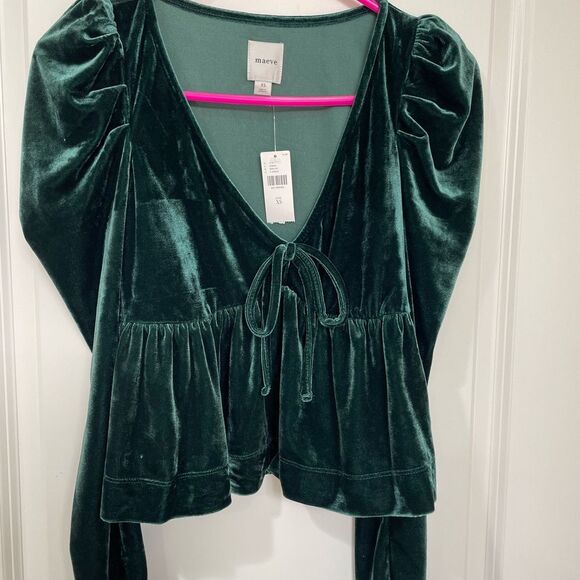 NWT Anthropologie Dark Green Maeve Velvet Babydoll top size XS - Picture 4 of 10